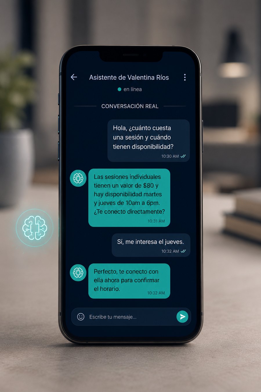 Conversación real del asistente de inteligencia artificial de Valentina Ríos respondiendo preguntas sobre precios y disponibilidad